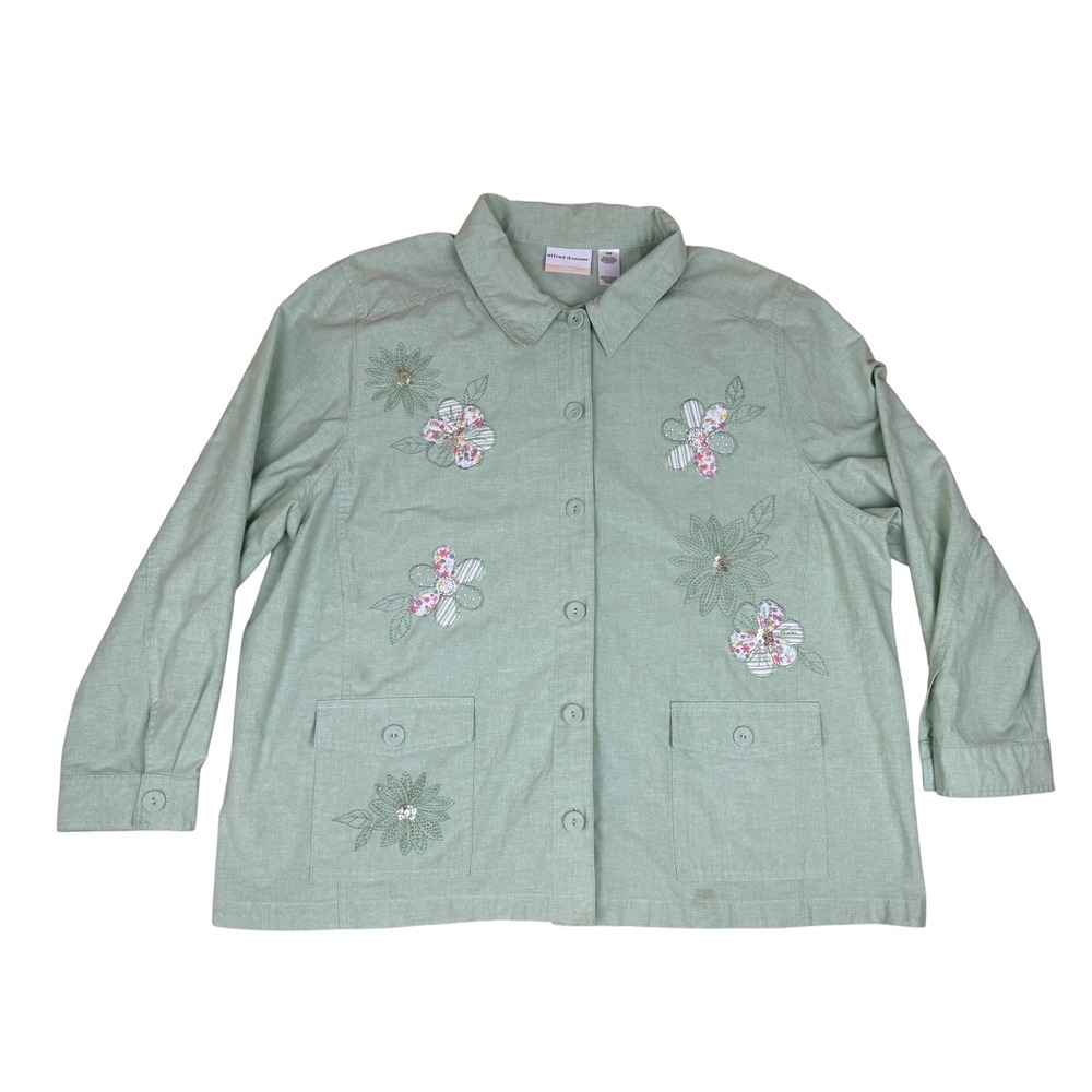 Alfred Dunner 24W Jacket Floral Embroidery Cotton Blend Sage Green Sequin